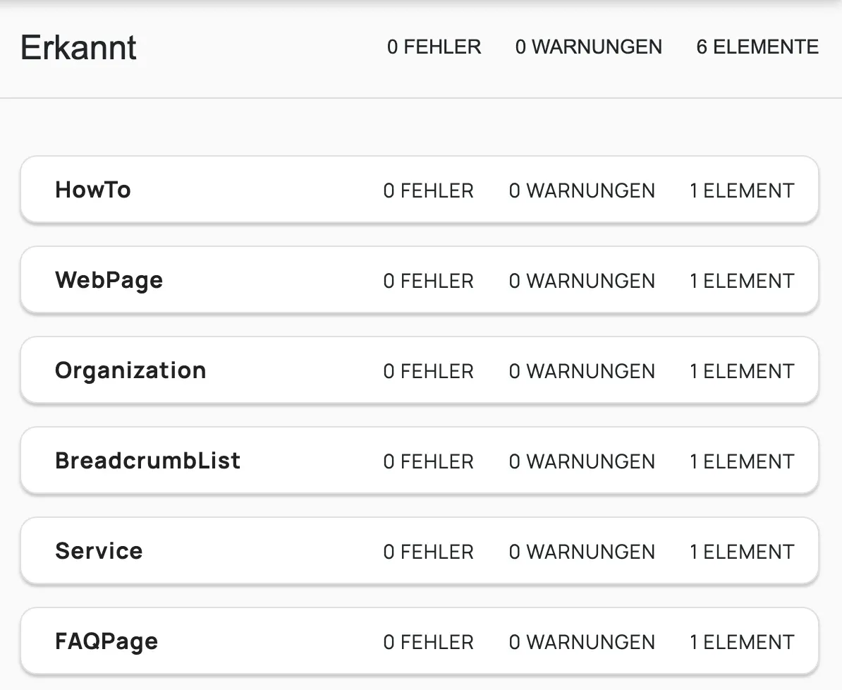 KI-Suchoptimierung, GEO und AEO für ChatGPT und Google AI: Ergebnis des Schema.org-Validators für diese Seite, sechs erkannte Datentypen, darunter FAQPage, HowTo und Service, ohne Fehler und Warnungen