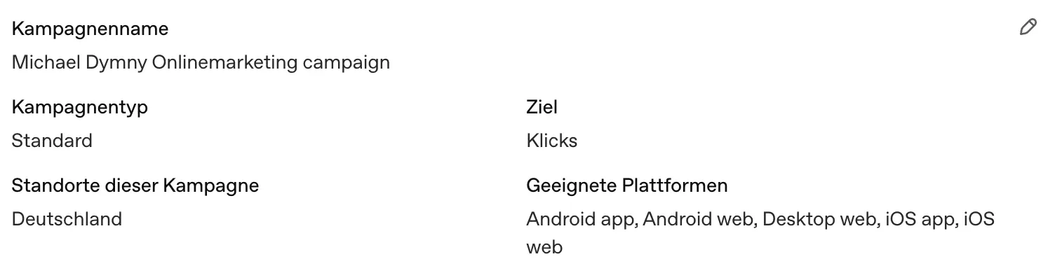 OpenAI Ads Manager: Kampagnenübersicht mit Kampagnentyp Standard, Ziel Klicks, Standort Deutschland und Plattformen Android, iOS und Desktop