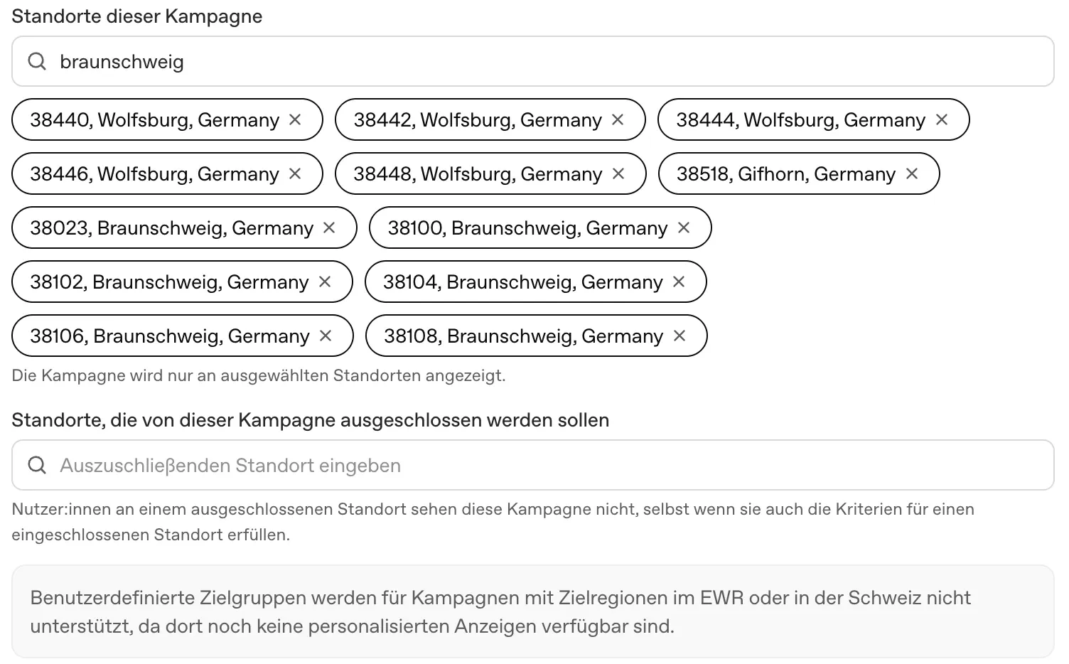 OpenAI Ads Manager: Standortauswahl nach Postleitzahlen für Wolfsburg, Gifhorn und Braunschweig sowie Hinweis zu benutzerdefinierten Zielgruppen im EWR