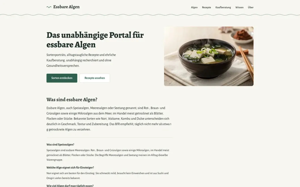 Screenshot des Themen-Portals essbare-algen.de